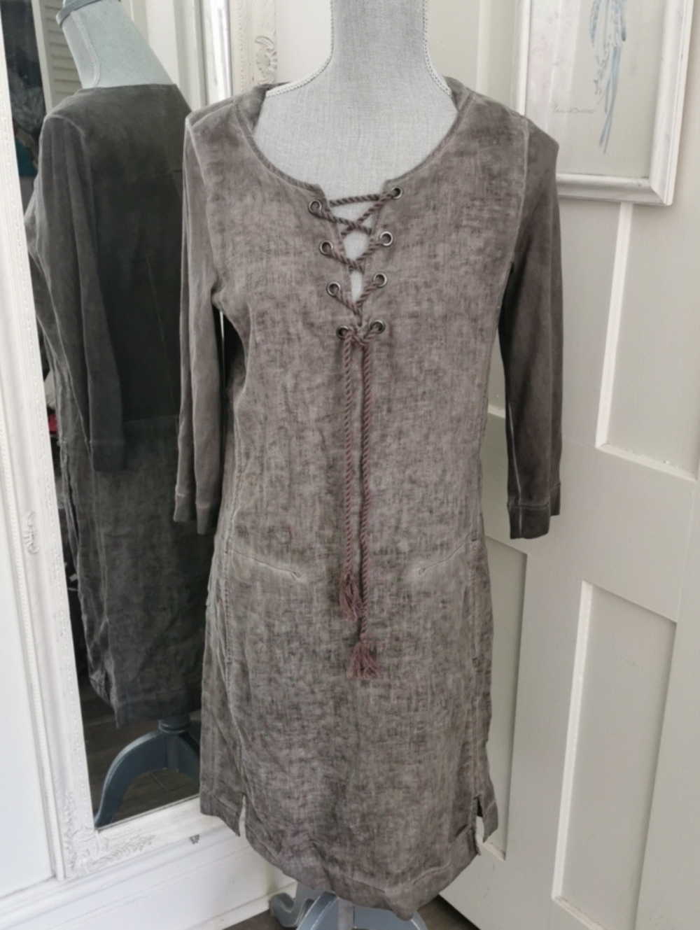 Women’s  Sandwich 100% Linen Grey Lace-Up Tunic Dress Bohochic Beachy. Size 36 6